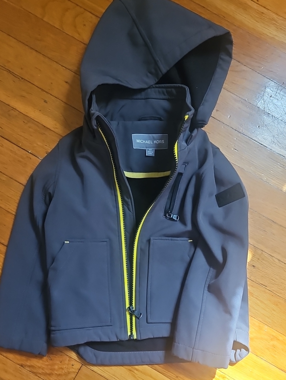 9Michael Kors Kid's Gray Hooded Raincoat with Yellow Zipper